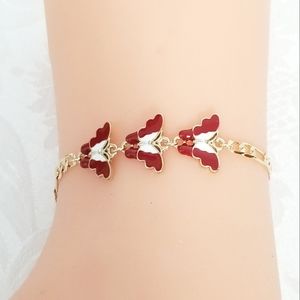 Butterfly Women's Bracelet. Burgundy. 14K Gold Plated. New